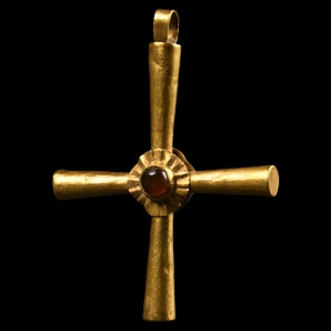 Gold Byzantine Style Cross Pendant with Garnet