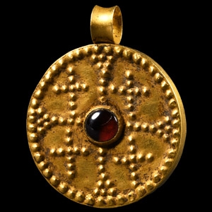 Gold Byzantine Style Pendant with Garnet