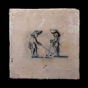 Post Medieval Dutch Glazed Ceramic Tile with Golf Scene