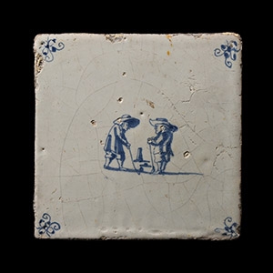 Post Medieval Dutch Glazed Ceramic Tile with Golf Scene