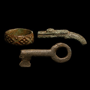 Georgian Toy Bronze Pistol, Ring and Key Group