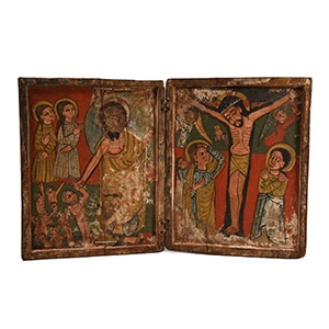 Late Medieval Ethiopian Wooden Diptych Depicting the Crucifixion and Resurrection