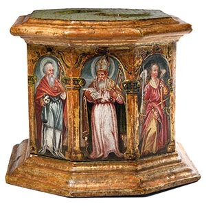 Renaissance Gilt Wooden Octagonal Socle with Paintings of Saints
