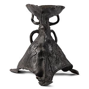 Medieval Pewter Tripod Candlestick with Relief Decoration