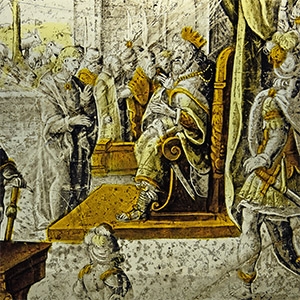 Medieval Stained Glass Roundel with Joseph in Front of the Pharaoh