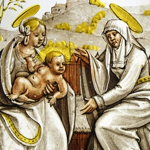 Medieval Stained Glass Panel with the Education of Christ with St Anne and the Virgin