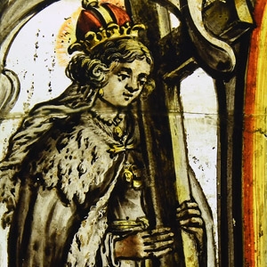 Medieval Stained Glass Panel with a Bishop holding a Cross