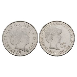 English Milled Coins - Elizabeth II - 1999 - Diana Memorial £5