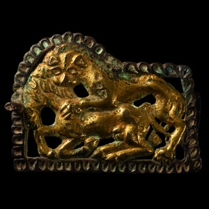 Central Asian Silver-Gilt Zoomorphic Belt Plaque with Attack Scene