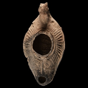Byzantine Holy Land Terracotta Lamp with Animal-Headed Handle
