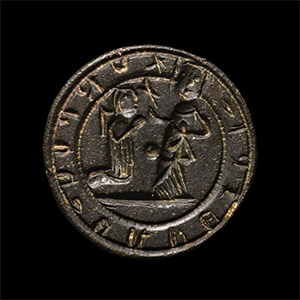 Large Medieval Bronze Seal Matrix with Scene Showing Robed Figures
