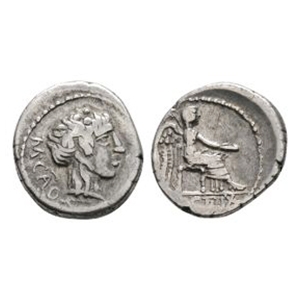 Ancient Roman Republican Coins - M Portius Cato - Victory AR Quinarius