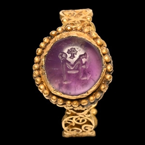 Byzantine Gold Filigree Ring with Monogram Amethyst Gemstone