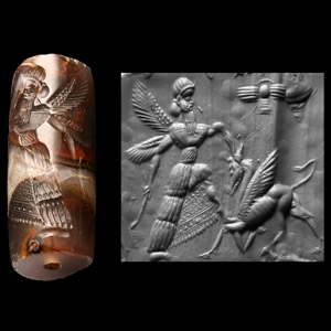 Early Neo-Assyrian Banded Agate Cylinder Seal with Combat Scene