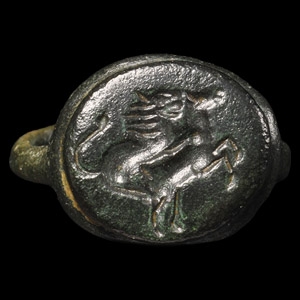 Late Roman Bronze Ring with Lion Attacking a Horse