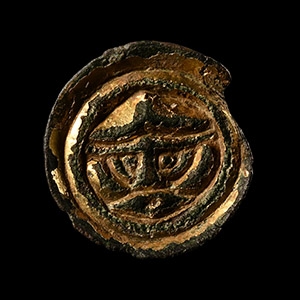 Anglo-Saxon Gilt Bronze Button Brooch with Helmetted Warrior