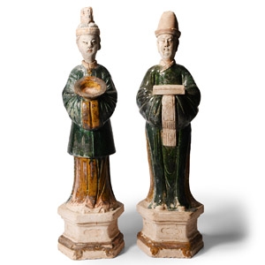 Large Chinese Late Ming Glazed Ceramic Attendant Pair