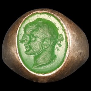 Green Glass Gemstone with Portrait of a Man in Silver Ring