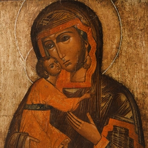 Russian Painted Wooden Icon of Virgin and Child