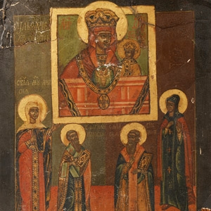 Gilt Painted Wooden Icon Of Virgin and Child