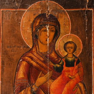 Russian Gilt Painted Wooden Icon of Hodegetria
