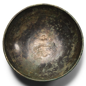 Heavy Egypto-Persian Bronze Phiale with Ibexes, Leonine-Headed Aegis, Pseudo-Cartouches, and Lotus Flowers