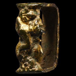 Tudor or Stuart Gilt Bronze Strap Fitting with Hunting Scene