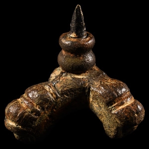 Anglo-Norman Gilt Bronze Travelling Pricket Candle Stick with Beast Heads