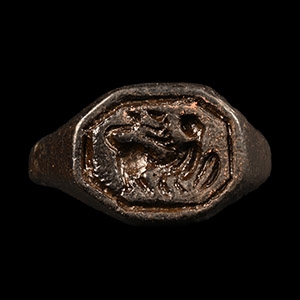 Medieval Bronze Signet Ring with Winged Griffin