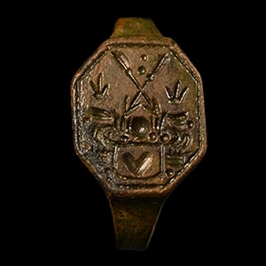 Tudor Period Bronze Armorial Signet Ring with Crossed Spears