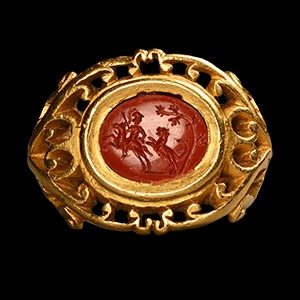 Roman Gold Ring with Gem Depicting Alexander the Great Hunting