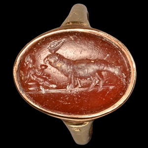 Egypto-Roman Red Carnelian Soknopaios Gemstone in Gold Ring