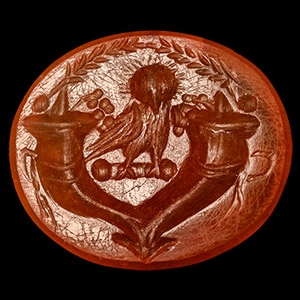 Roman Carnelian Gemstone with Owl Between Cornucopiae
