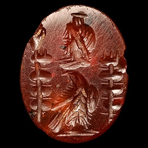 Roman Carnelian Gemstone with Serapis and Eagle Between Two Military Standards