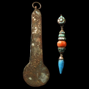 Tibetan Cased Masculine Earring with Turquoise and Coral Inlays