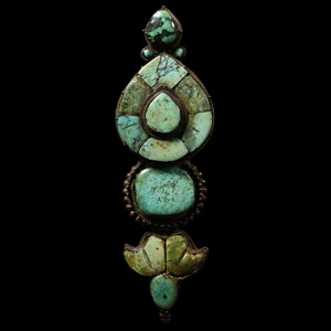 Tibetan Large Silver Brooch with Turquoise Inlays
