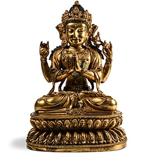 Sino-Tibetan Gilt Bronze Seated Figure of Four-Armed Guanyin