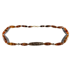 Tibetan Banded Agate Bead Necklace with Glass Eye Beads