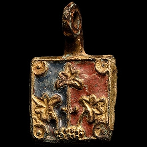 Medieval Knights Gilt Bronze and Enamelled Horse Harness Pendant with Flowers