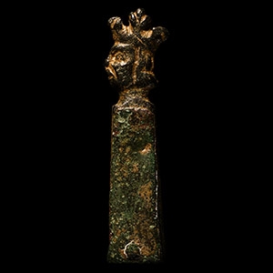Medieval Bronze Strap End with Crowned Head of a King