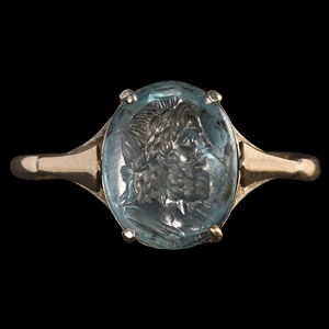 Roman Aquamarine Gem with Head of Serapis in Gold Ring
