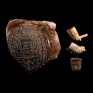 Large Ceramic Bellarmine Crest and Pipe Bowl Group