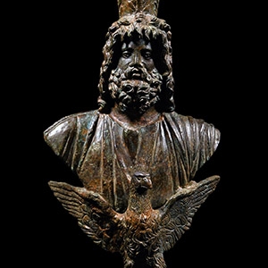 Large Roman Bronze Staff Finial with Bust of Serapis