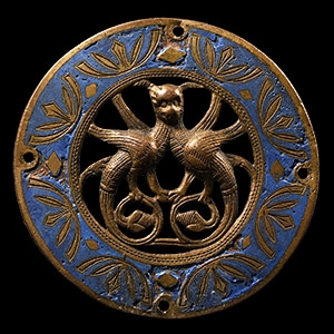 Medieval Limoges Bronze and Champleve Enamel Roundel with Fantastical Creature