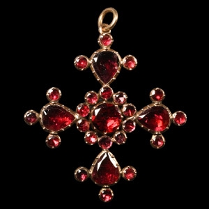 Post Medieval Rose Gold Maltese Cross Pendant with Garnets