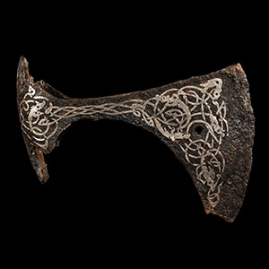 Viking Iron Axehead with Silver Inlaid Interlaced Dragons