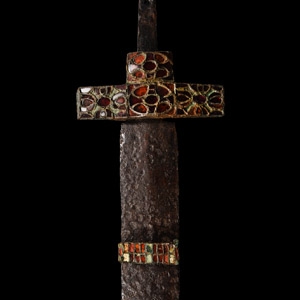 Migration Period Iron Sword with Garnet Cross Guard and Scabbard Fittings