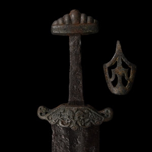 Viking Iron Sword with Cross Guard Surmounted by Interlaced Dragons