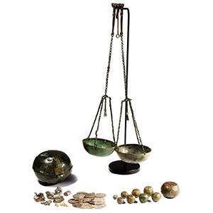 Viking Cased Bronze Trade Scales with Weights and Hack