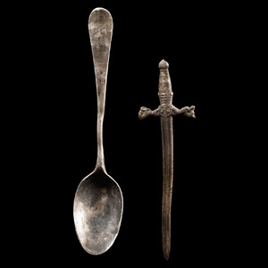 Post Medieval Silver Spoon with Monogram and Bronze Sword Retainers Badge